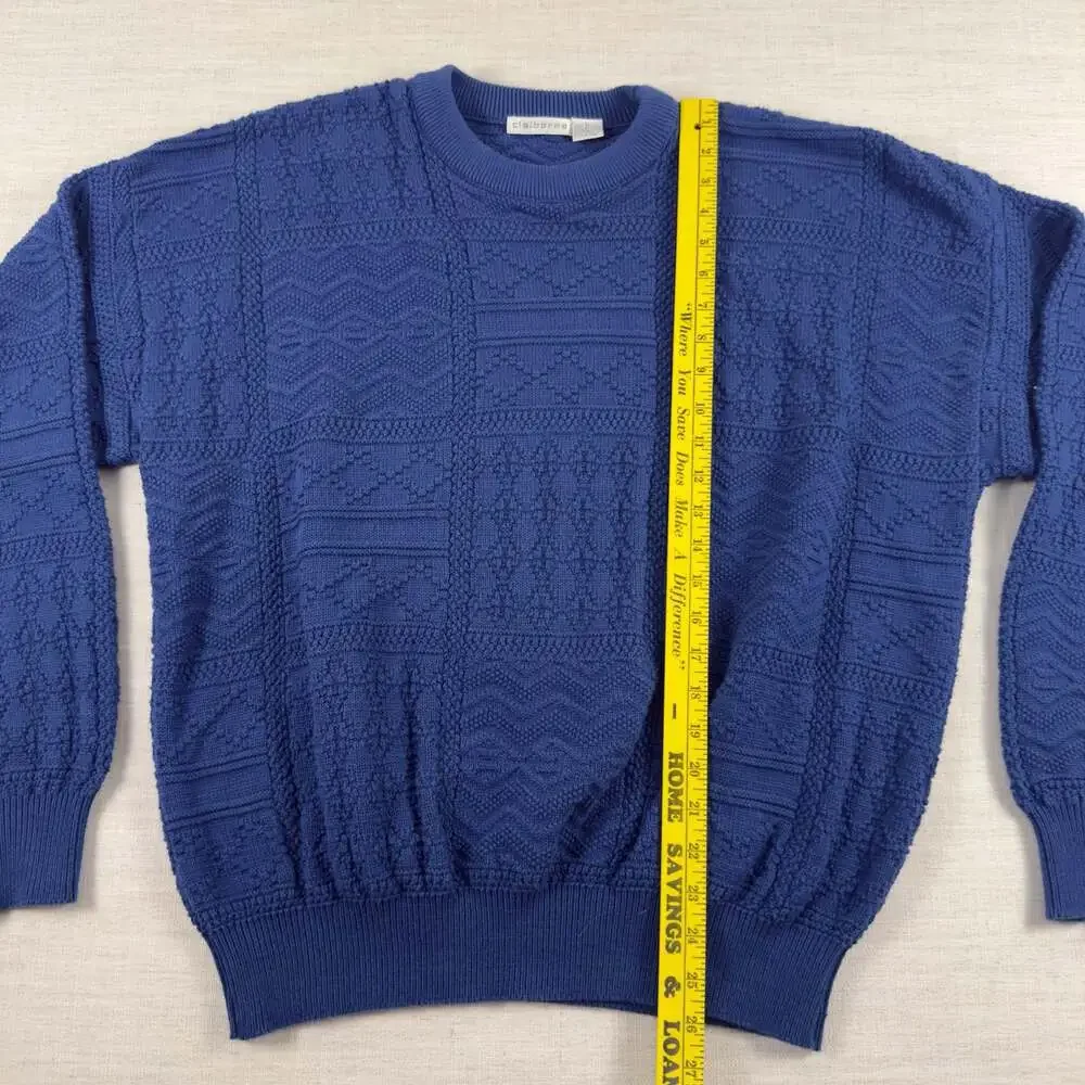 Vintage Claiborne Blue Textured Patchwork Knit Cotton Sweater Made in‎ USA